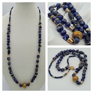 Necklace Blue Glass Beads & Metal Beads Bohemian Handmade Necklace #442